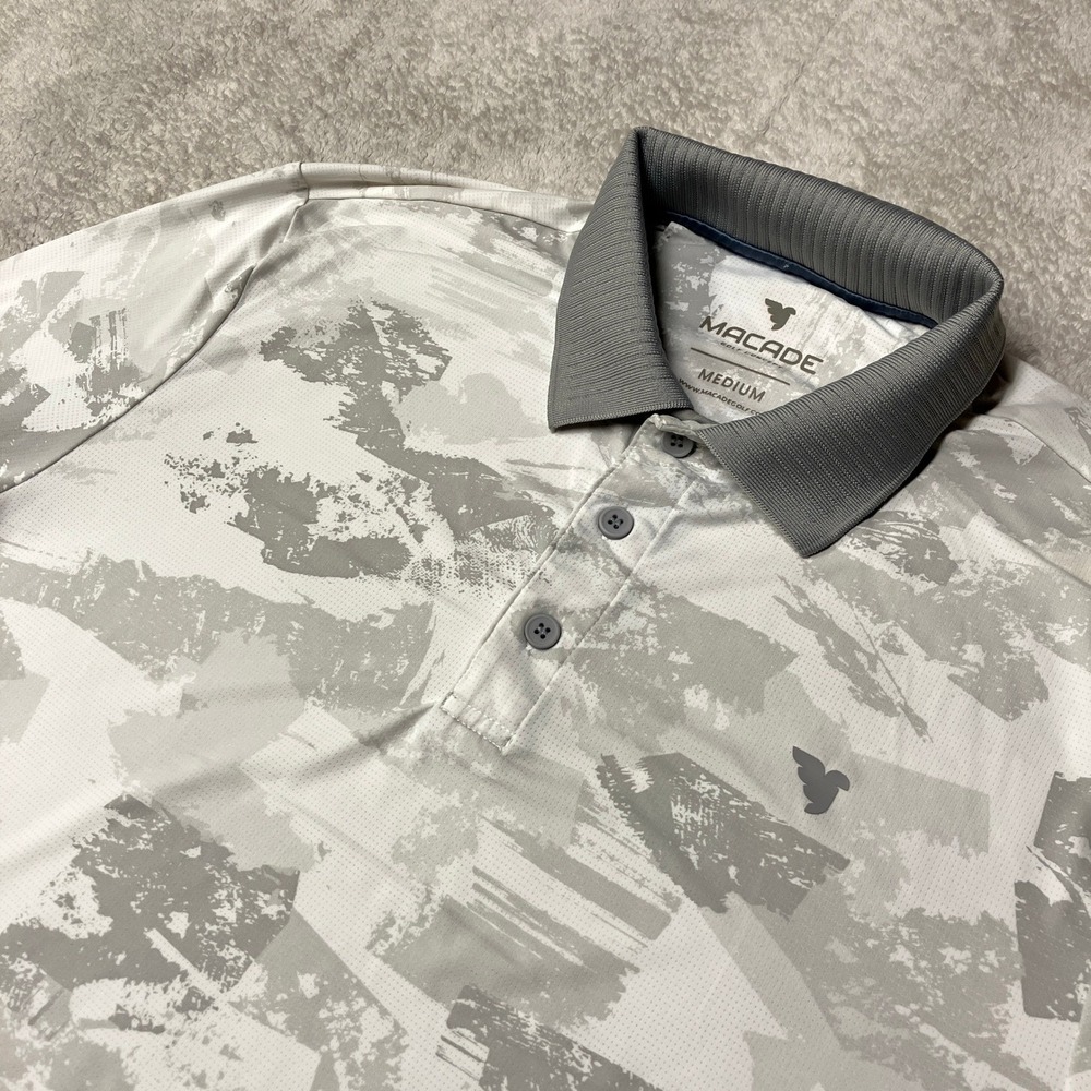 Macade Golf Polo Shirt Camo Gray White Abstract Performance Mens Medium